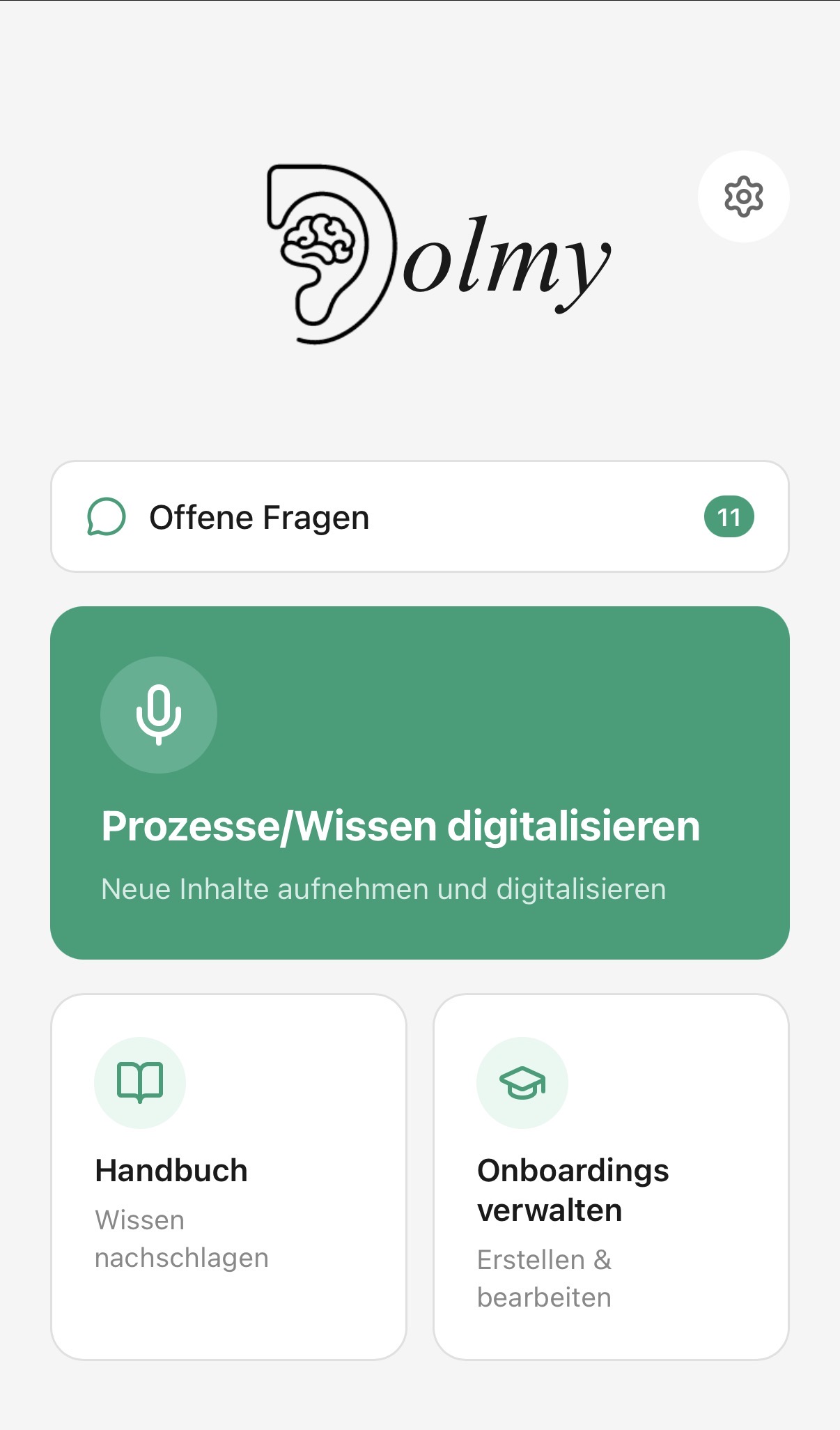 Dolmy-Startseite — Nutzer-Ansicht: Loslegen, Handbuch, Frag Dolmy